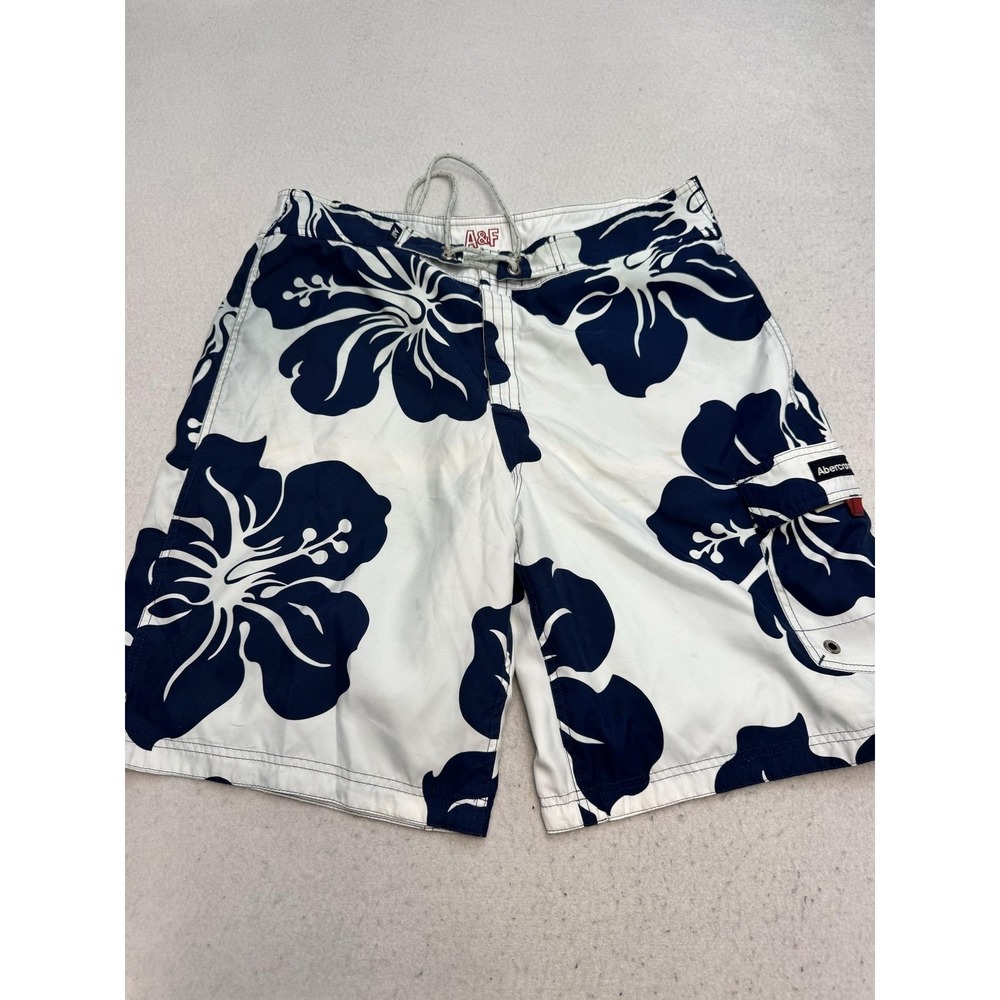 Abercrombie Board Shorts Mens 36 Blue White Floral Hawaiian Swim Trunks Beach